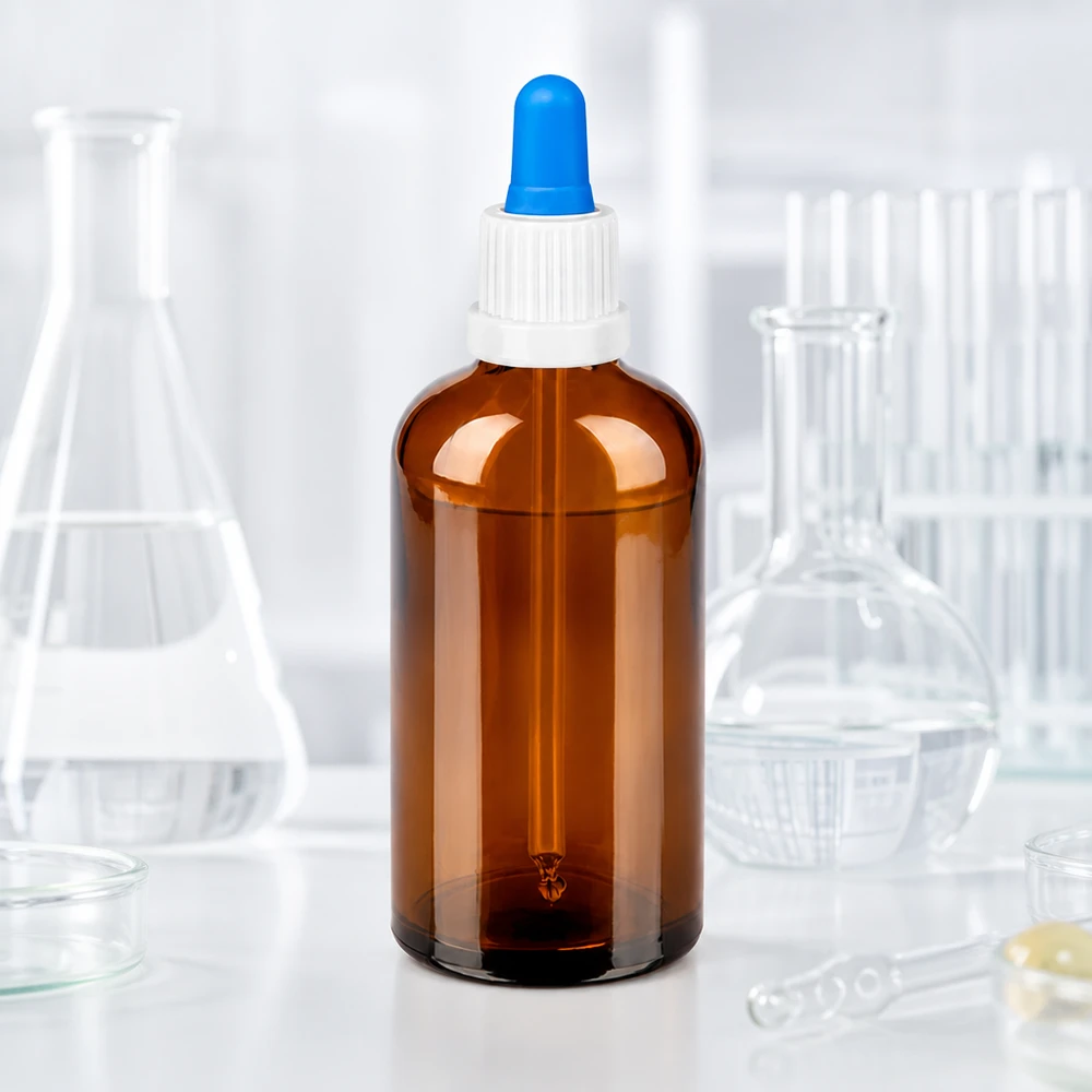 100ml pipetovací láhev bílá/modrý tamper evident uzávěr BrownLine UT18/100 Hochwertige Glasflasche 100ml mit Pipettenverschluss für sichere Aufbewahrung lichtempfindlicher Stoffe