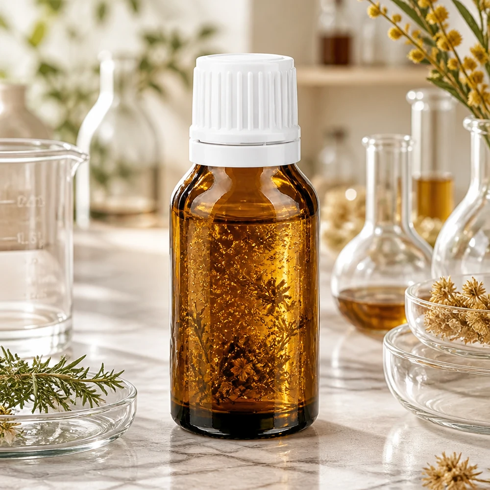 Hochwertige Tropfflasche braun 15ml weißer OV-Verschluss umgeben von Kräutern und Glasgefäßen
