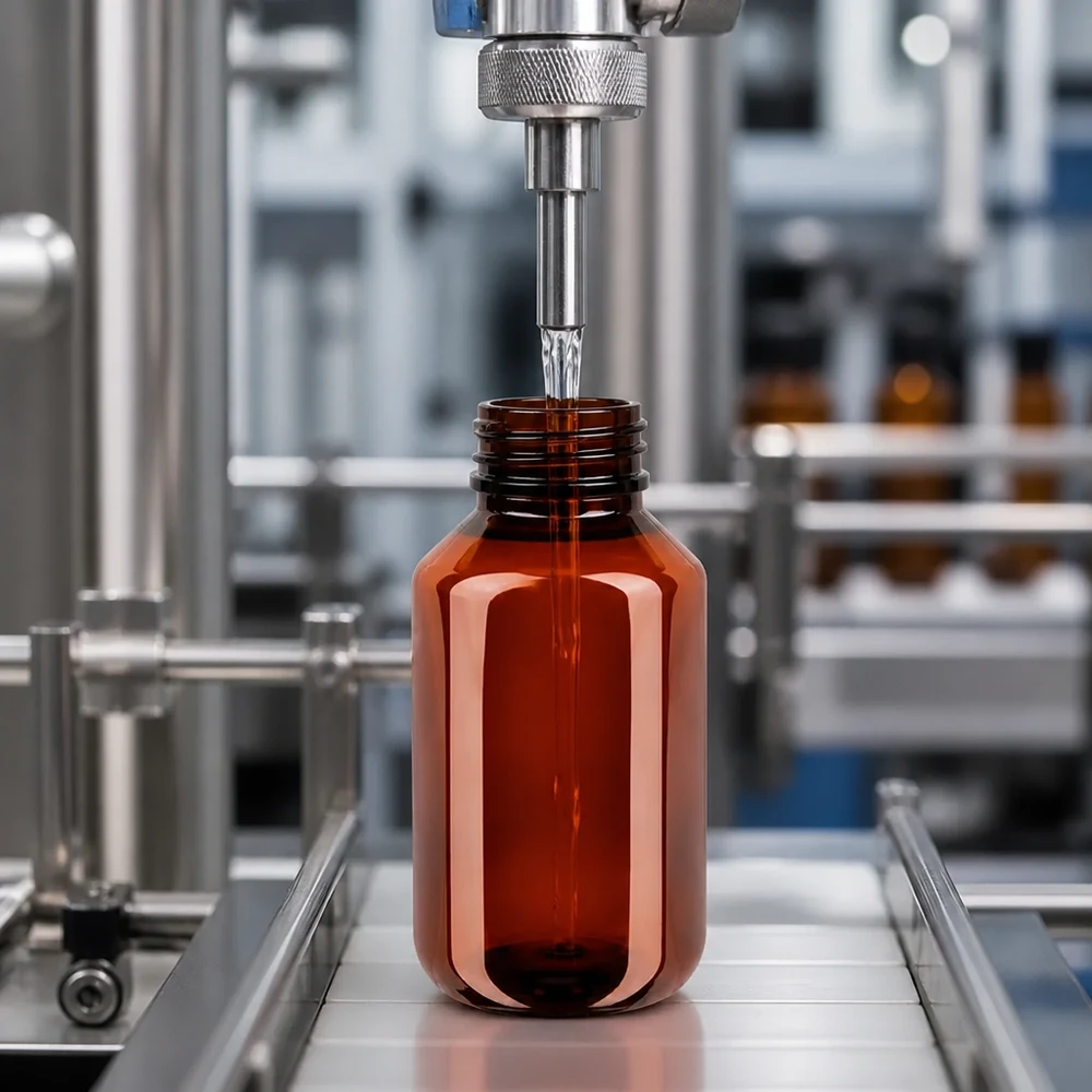 Automatická plnicí linka plní hnědou PET láhev o objemu 100 ml s originálním uzávěrem