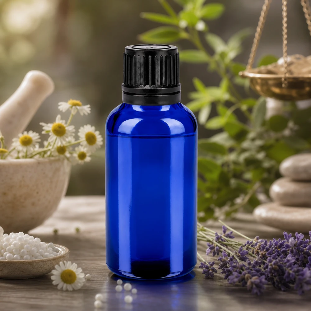 30ml láhev 11mm šroubovací uzávěr černý BlueLine UT18/30. Dunkelblaue 30ml Flasche mit schwarzem OV Verschluss schützt Inhalt vor UV-Strahlung optimal
