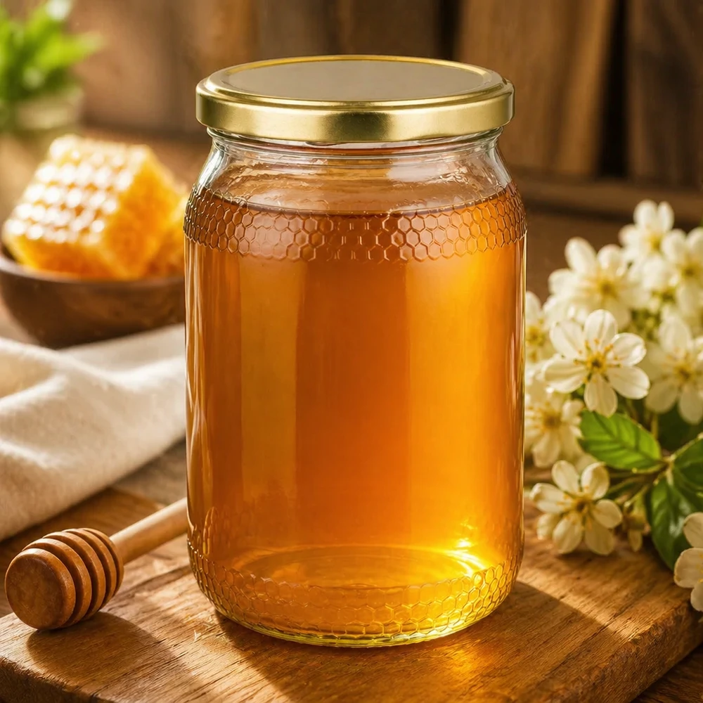 Honigvolles 900ml Glas mit goldenem UNiTWIST Deckel in natürlicher Ambiente mit Blüten und Honigwaben