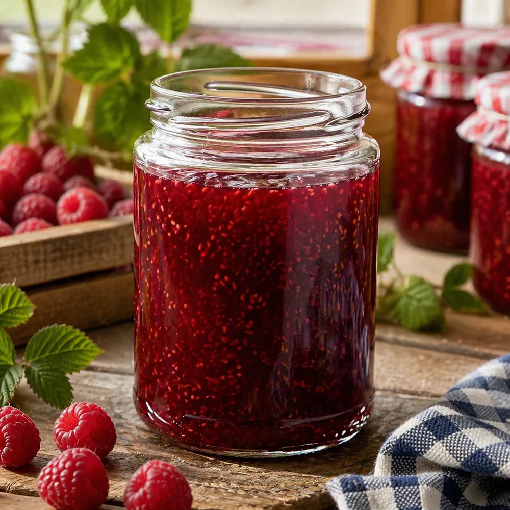 Kulatá sklenice o objemu 390 ml bez víčka (TO70) UNiTWIST UNiTWIST Runda390 Rundglas 390ml TO70 mit Himbeermarmelade gefüllt auf Holztisch mit frischen Himbeeren