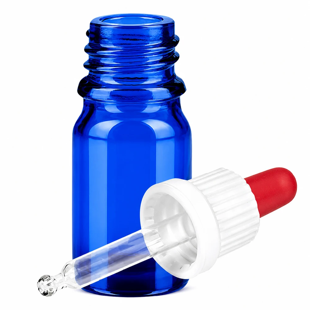 Apothekerflasche 5ml aus UV-schützendem blauen Glas mit praktischem Tropfaufsatz