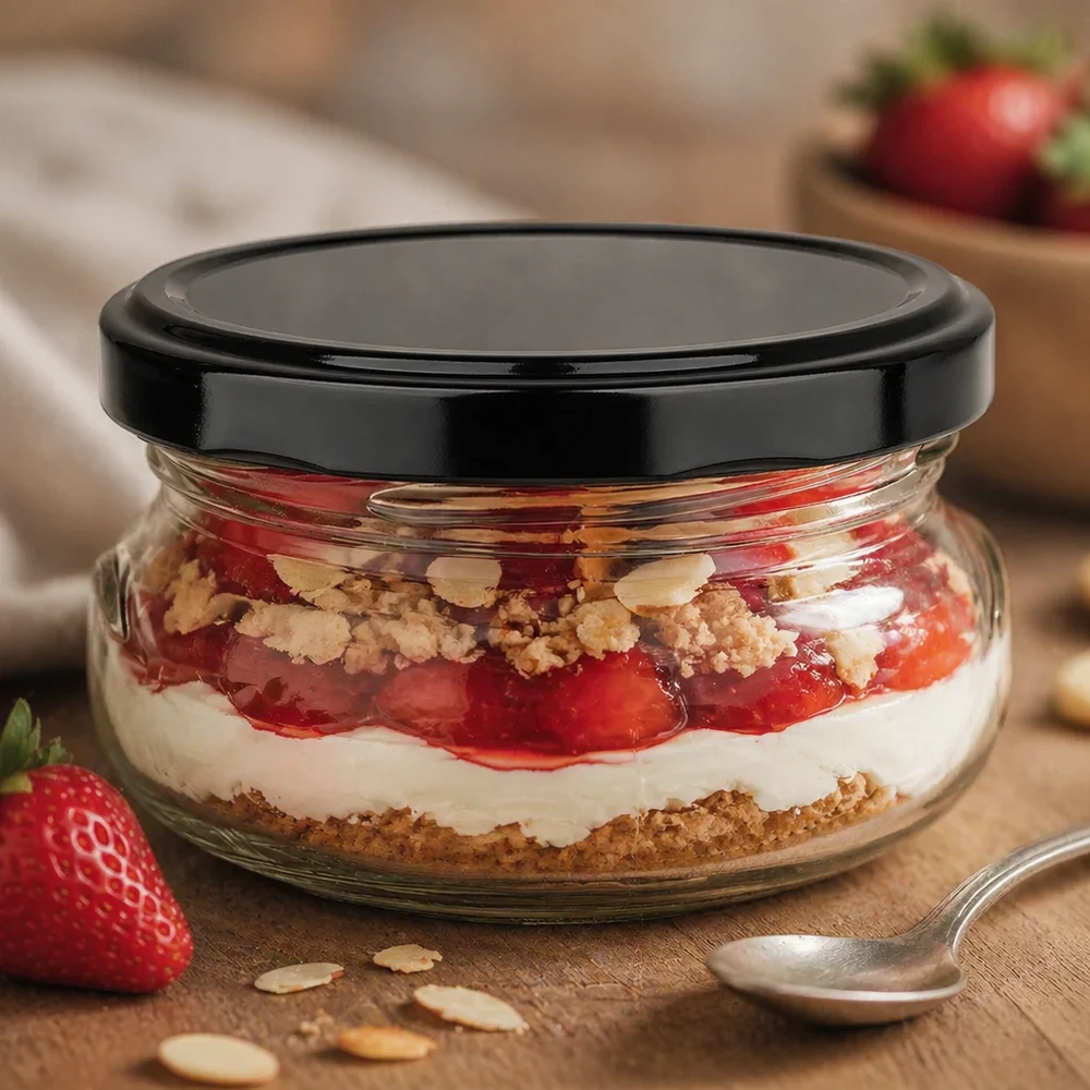 120ml Terrinenglas gefüllt mit Erdbeer-Dessert und Streuseln, schwarzer Deckel, Schichtdessert im Glas servierfertig