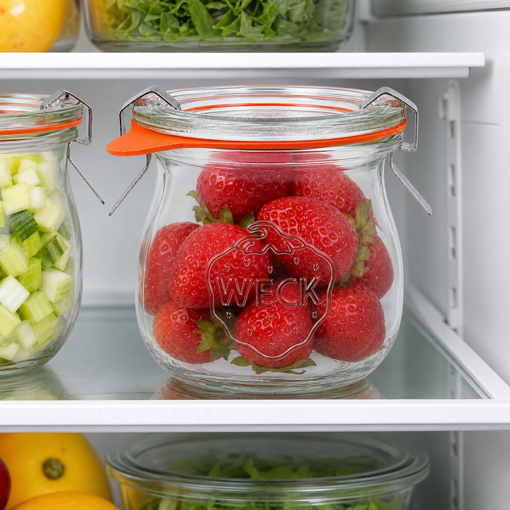 WECK Tulpenglas 75ml RR40 mit frischen Erdbeeren im Kühlschrank zur optimalen Aufbewahrung von Obst und Lebensmitteln