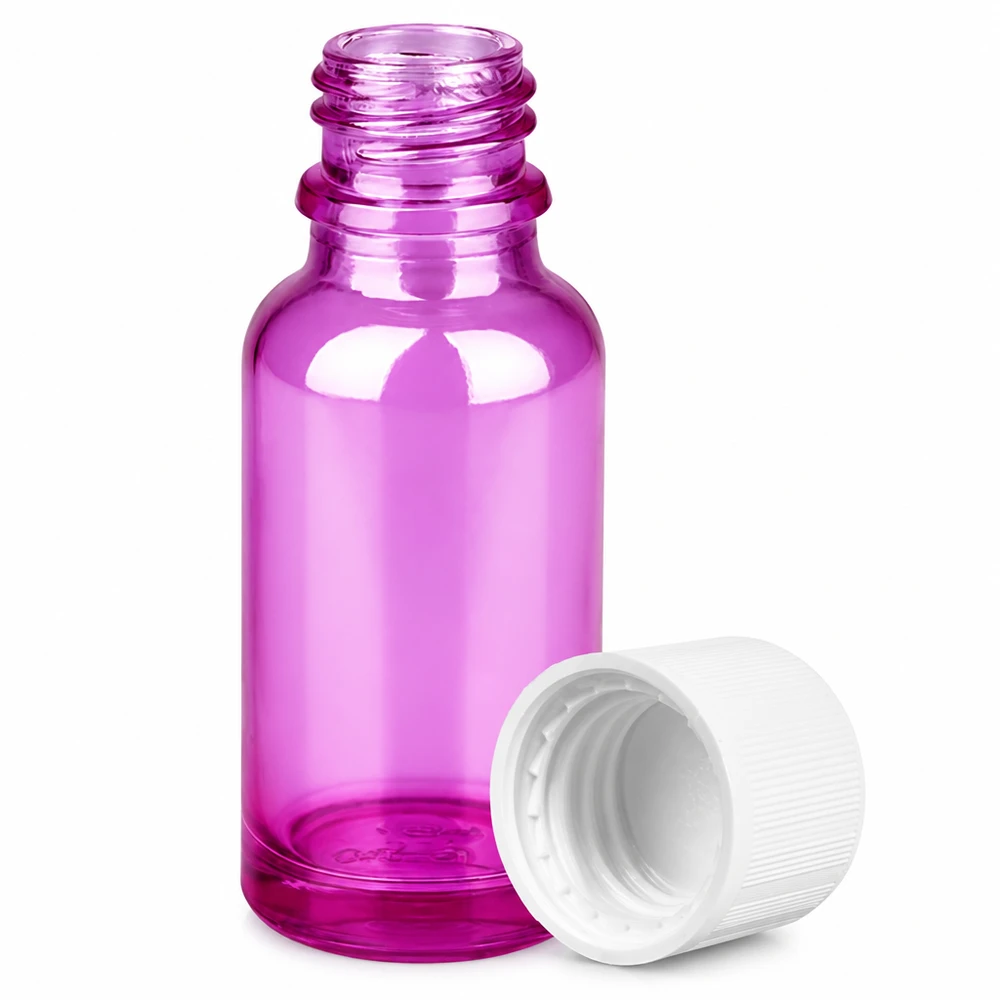 20ml láhev se šroubovacím uzávěrem 11 mm bílá standardní dětská pojistka PurpleLine UT18/20. Transparente violette Glasflasche 20ml mit Schraubgewinde für Homöopathie und Tinkturen