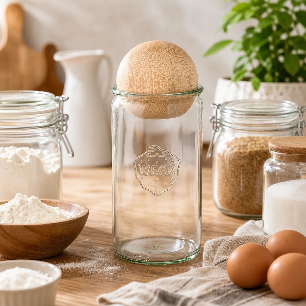 WECK Zylinderglas 1590ml RR100 mit Holzkugel aus Buche in Bäckerei-Küche mit Mehl, Eiern und Backzutaten
