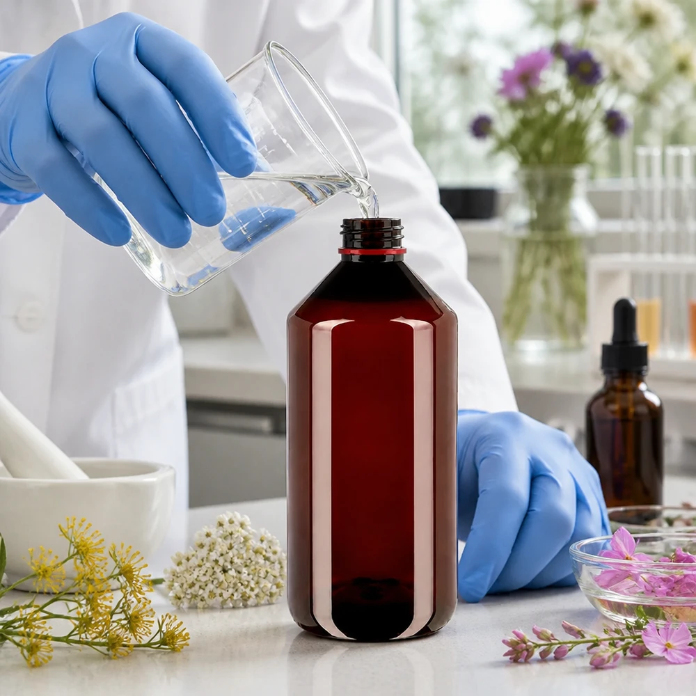 PET láhev 750ml s bílým/červeným uzávěrem s možností manipulace s ním. Hnědá PET láhev o objemu 750 ml s bílo-červeným uzávěrem OV se plní v laboratoři