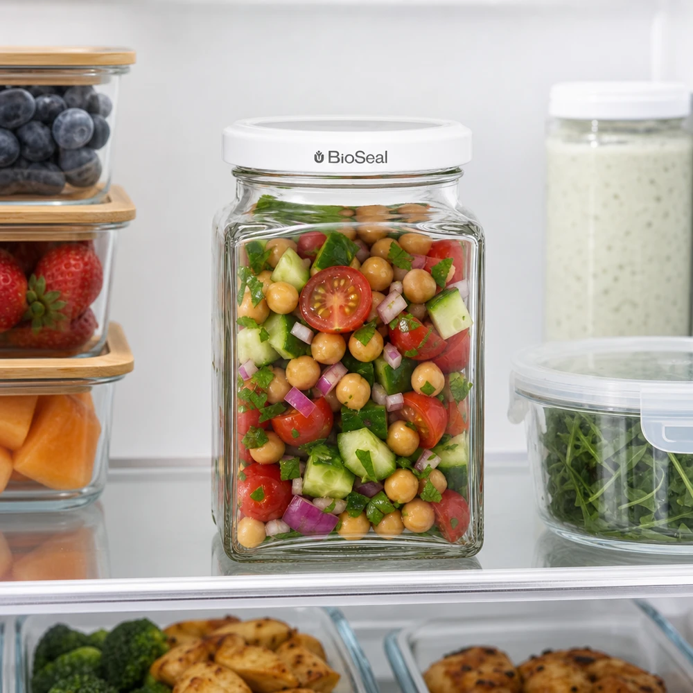 260ml tetra sklenice + víčko BioSeal bílé UNiTWIST UNiTWIST Tetra260 Vorratsglas im Kühlschrank mit Kichererbsensalat weißer TO58 BioSeal Deckel frische Aufbewahrung