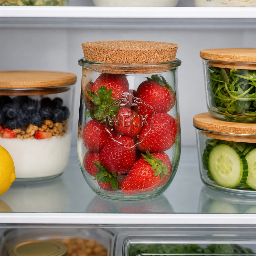 1062ml tulipánová sklenice WECK RR100 s korkem přírodní WECK Tulpenglas 1062ml RR100 mit Korkdeckel zur Aufbewahrung frischer Erdbeeren im Kühlschrank Meal Prep Organisation