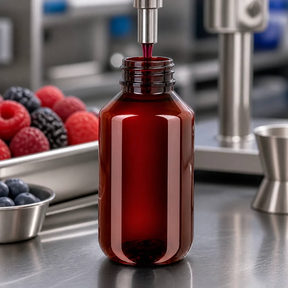 PET láhev 100ml se zeleným uzávěrem s ochranou proti manipulaci Hnědá PET láhev o objemu 100 ml se strojově plní šťávou z červených bobulí