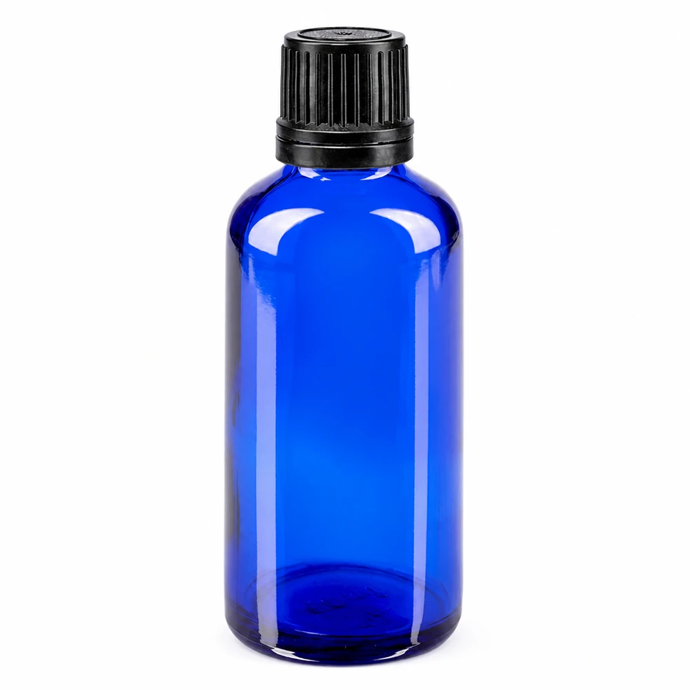 UV-schützende blaue 50ml Apothekerflasche Glas mit schwarzem 8mm Verschluss lichtgeschützt