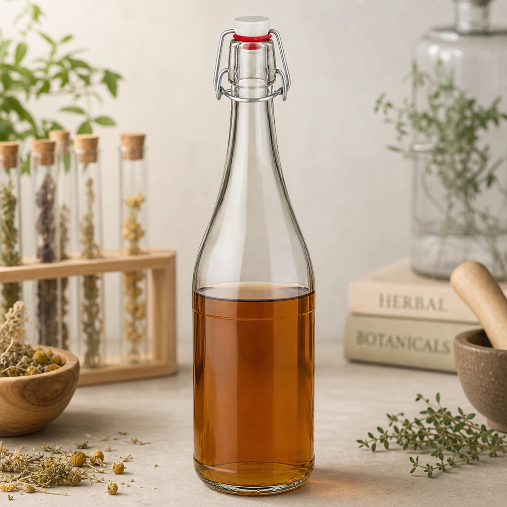 Skleněná láhev o objemu 750 ml + otočný uzávěr PVC UNiTWIST 750ml Glasflasche Bügelverschluss mit Kräutertee befüllt Heilkräuter Botanik Stilleben natürliche Zutaten