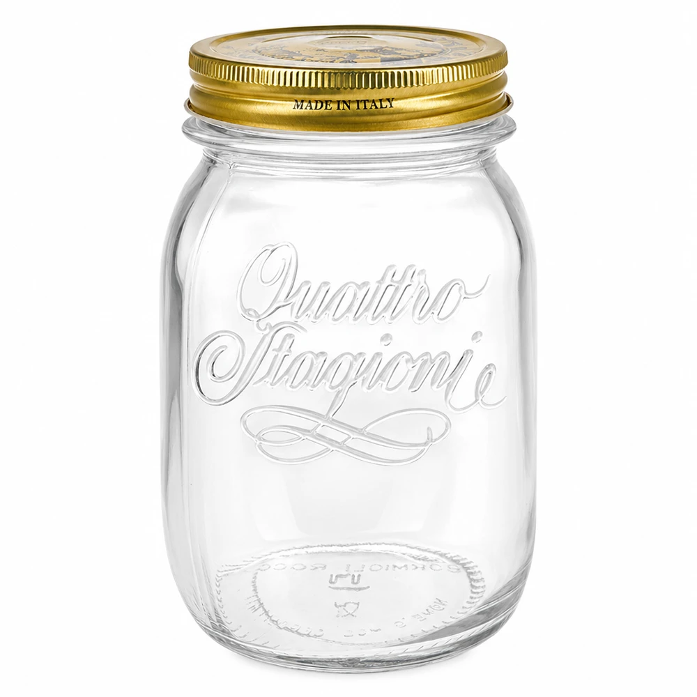 500ml kulatá sklenice "Quattro Stagioni" s víčkem 500ml Rundglas Quattro Stagioni mit goldenem Schraubdeckel Made in Italy Einmachglas Vorratsglas transparent