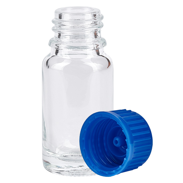 10ml lahvička 11mm šroubovací uzávěr modrý Standard ClearLine UT18/10 10ml Flasche ClearLine UT18/10 zylindrische Form blaue Verschlusskappe abgenommen Seitenansicht