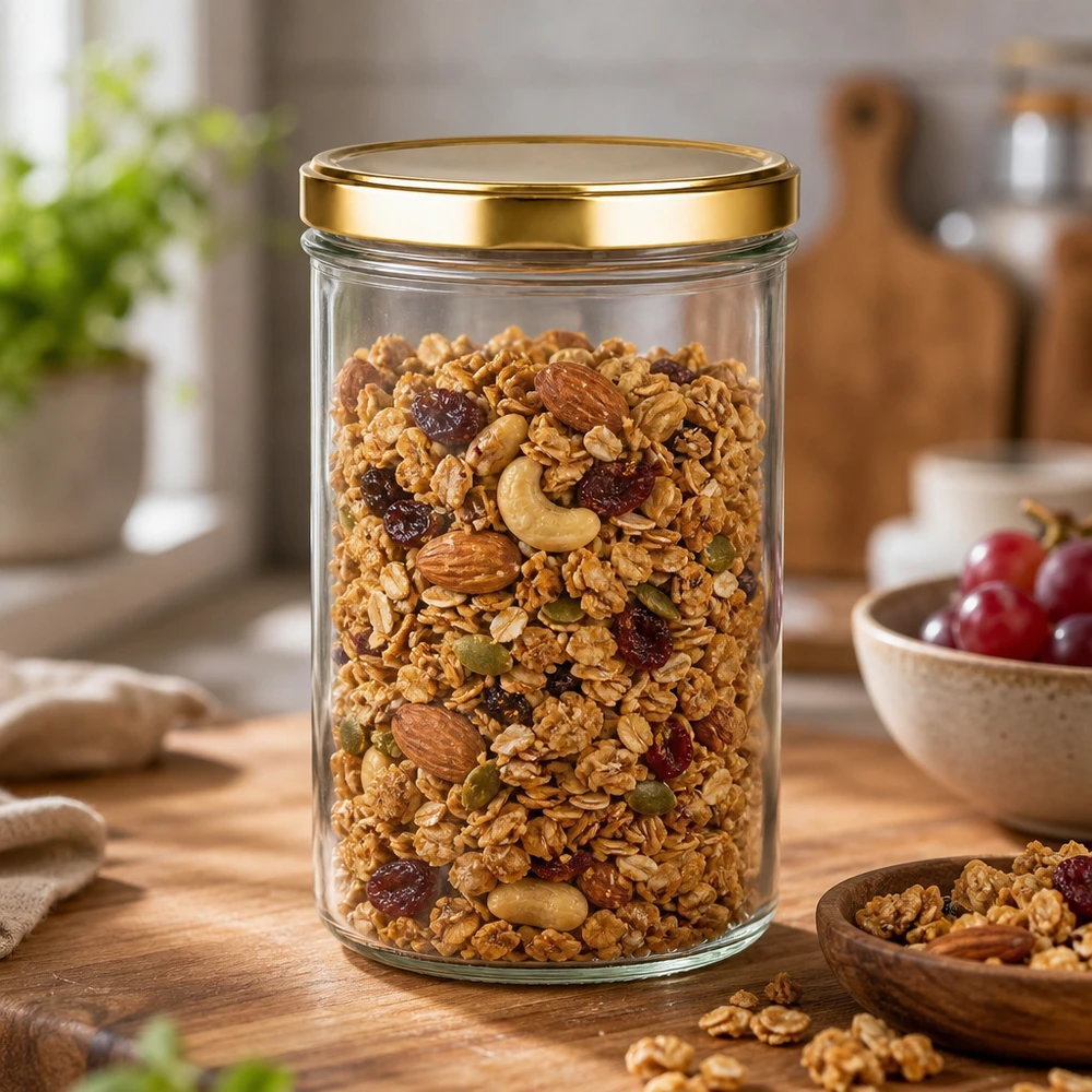 277ml tumblery s víčkem BasicSeal zlaté UNiTWIST s bezpečným uzávěrem. Sturzglas 277ml mit goldenem UNiTWIST Deckel gefüllt mit Müsli Nüssen Trockenfrüchten als Vorratsglas in Küche
