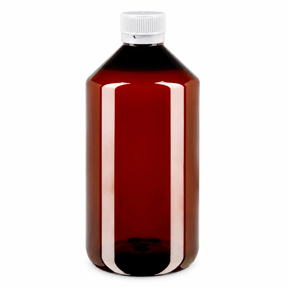 PET láhev 750ml s bílým rýhovaným uzávěrem s možností opakovaného uzavření PET láhev o objemu 750 ml, jantarové barvy, s bílým rýhovaným originálním uzávěrem pro farmaceutické výrobky
