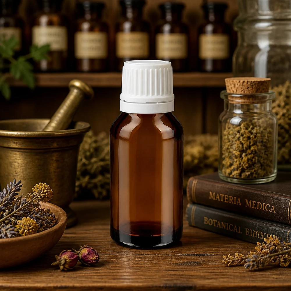 Lékárenská láhev hnědá 15ml se šroubovacím uzávěrem bílá s ochranným uzávěrem proti neoprávněné manipulaci Kompakte Braunglas Apothekerflasche 15ml mit originalversiegeltem weißen Schraubdeckel