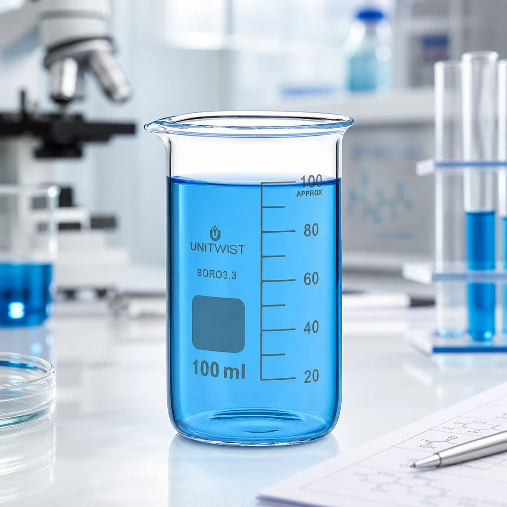 Kádinka 100ml borosilikátová, vysoký tvar UNiTWIST Professionelles Laborbecherglas 100ml hohe Form UNITWIST neben Mikroskop und Reagenzgläsern