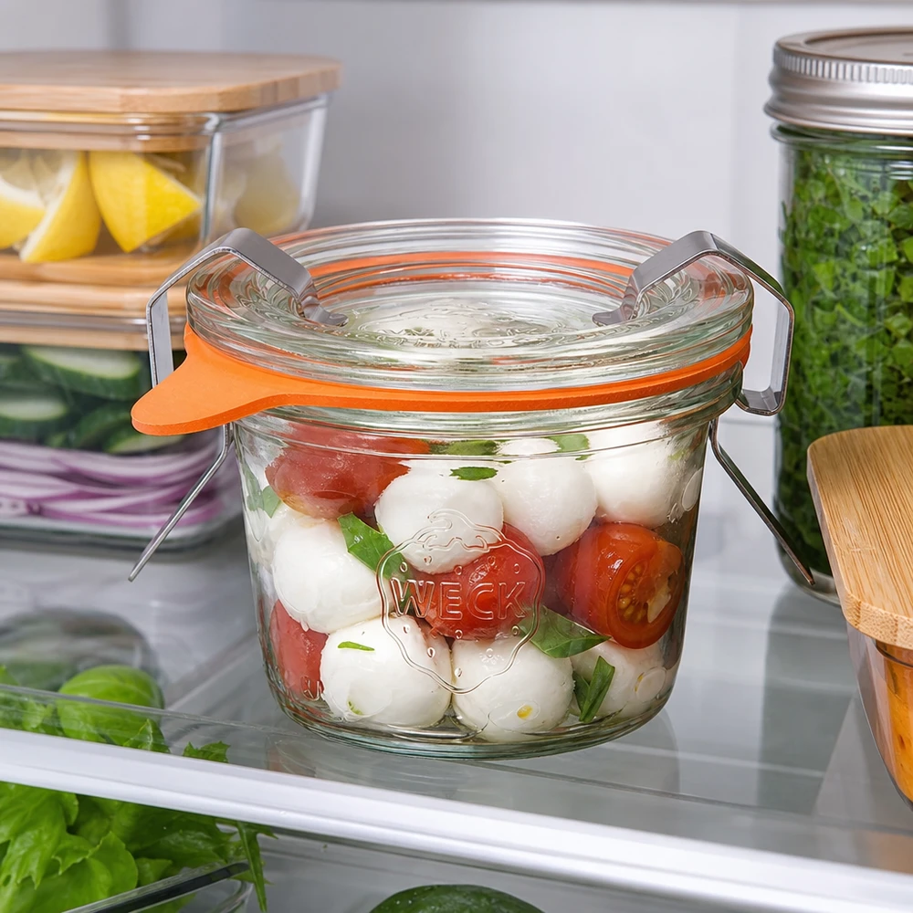 35ml kelímky kompletní WECK RR40 WECK Sturzglas 35ml RR40 im Kühlschrank mit Caprese Salat gefüllt zeigt praktische Aufbewahrung frischer Lebensmittel