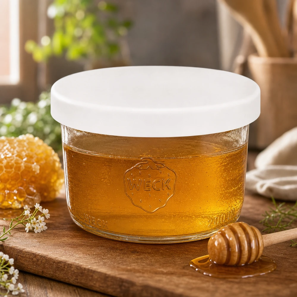 WECK Sturzglas 200ml RR80 mit Honig gefüllt weißer Silikondeckel Honigglas auf Holzbrett mit Honiglöffel