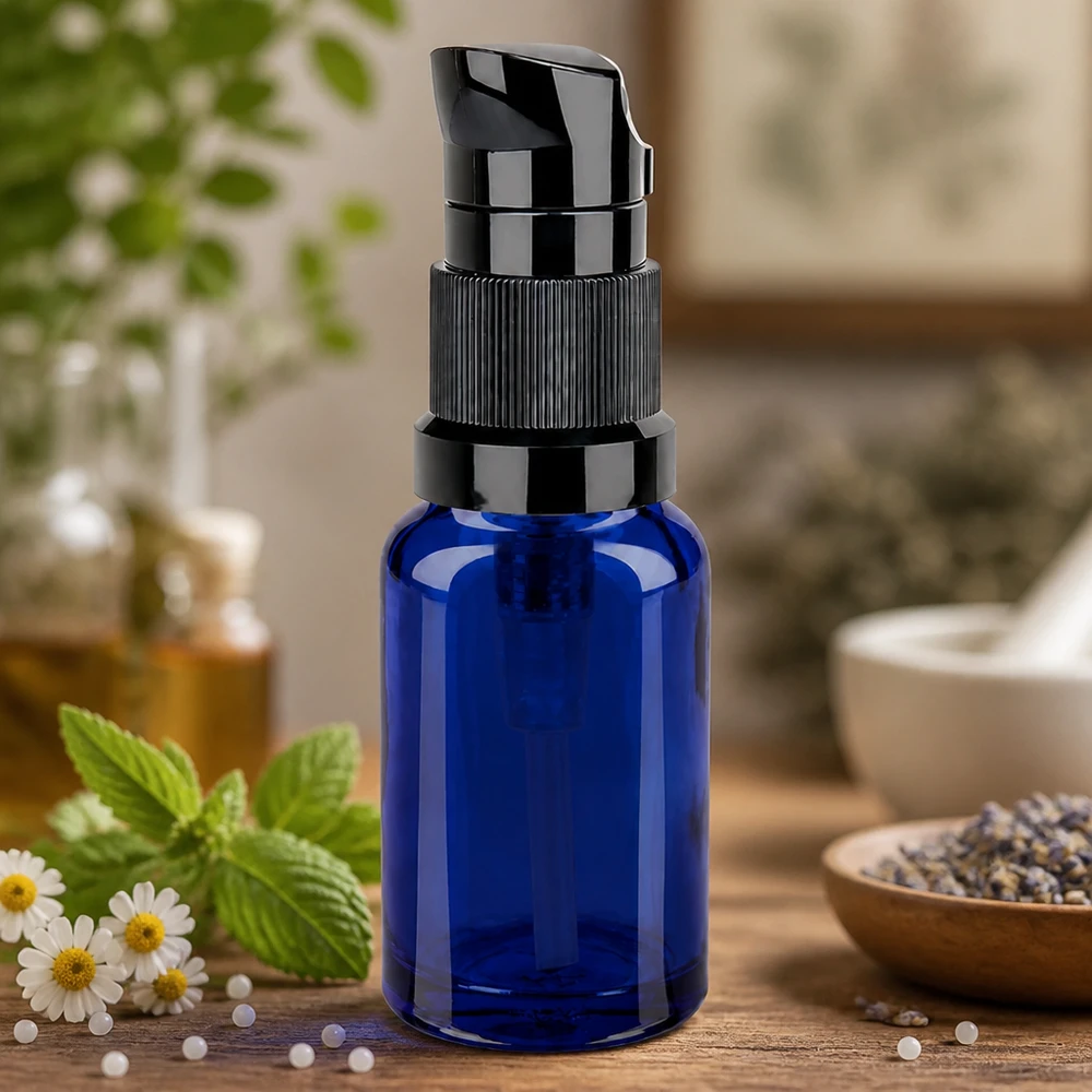 Praktische 10ml Pumpflasche in Kobaltblau mit schwarzem Dosieraufsatz BlueLine UT18/10