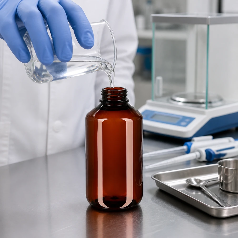 PET láhev 50ml s bílým rýhovaným uzávěrem s možností opakovaného uzavření Laborant plní čirou kapalinu do hnědé PET láhve, v pozadí je vidět analytická váha