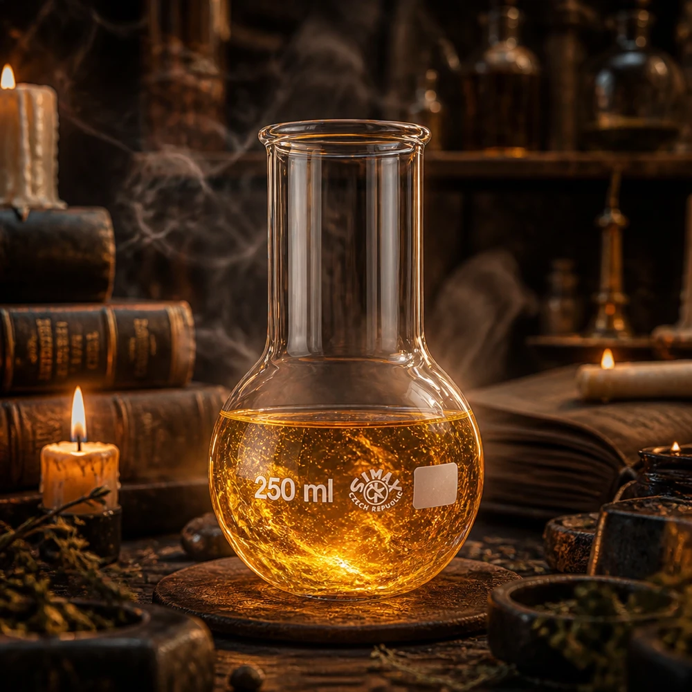 Baňka s kulatým dnem 250ml se širokým hrdlem Rundkolben 250ml Weithals in nostalgischer Laborumgebung mit alten Büchern und Kerzenbeleuchtung