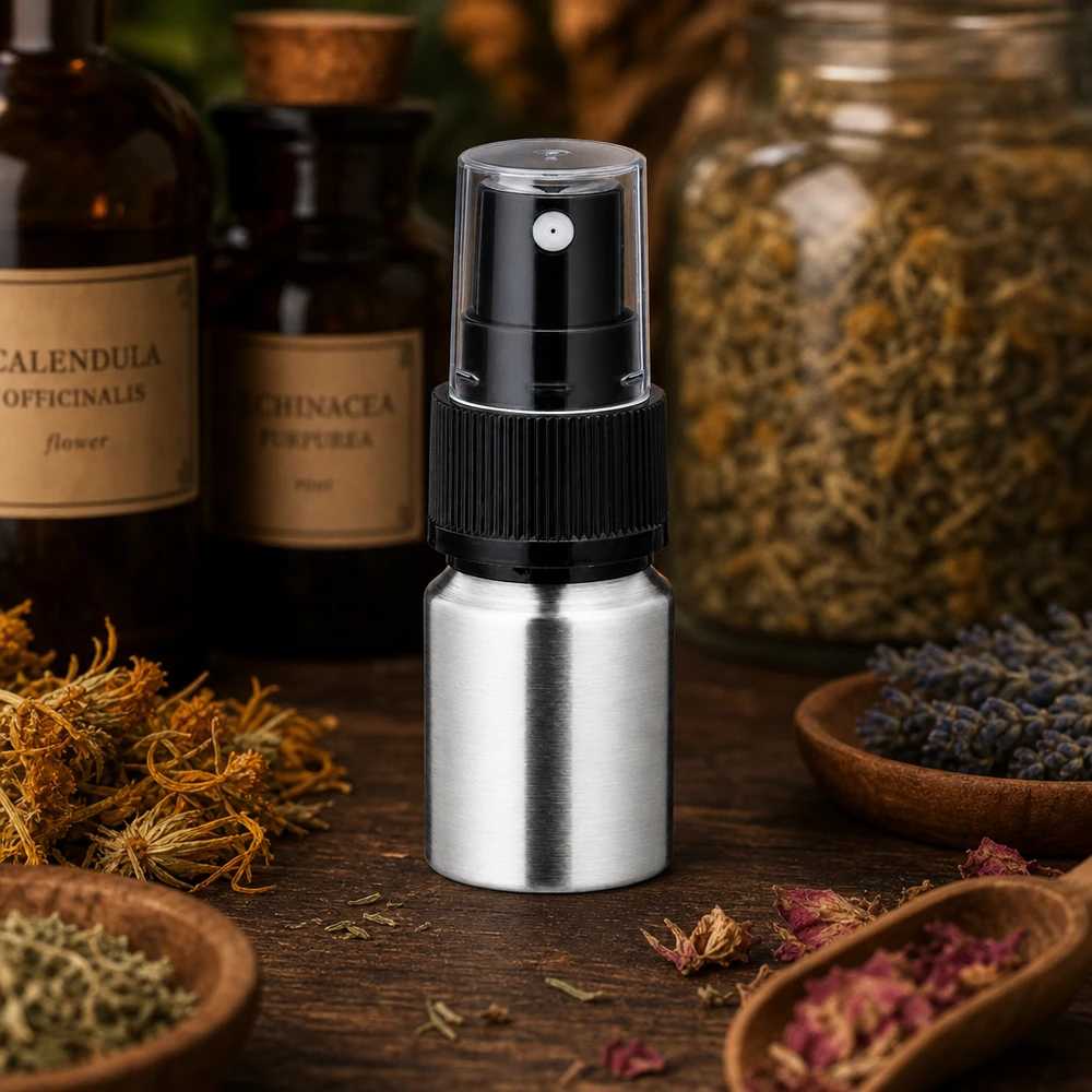 Hliníková leštěná lahvička o objemu 10 ml s rozprašovačem. Handliche 10ml Aluflasche mit Zerstäuber - ergonomisches Design für einfache Anwendung