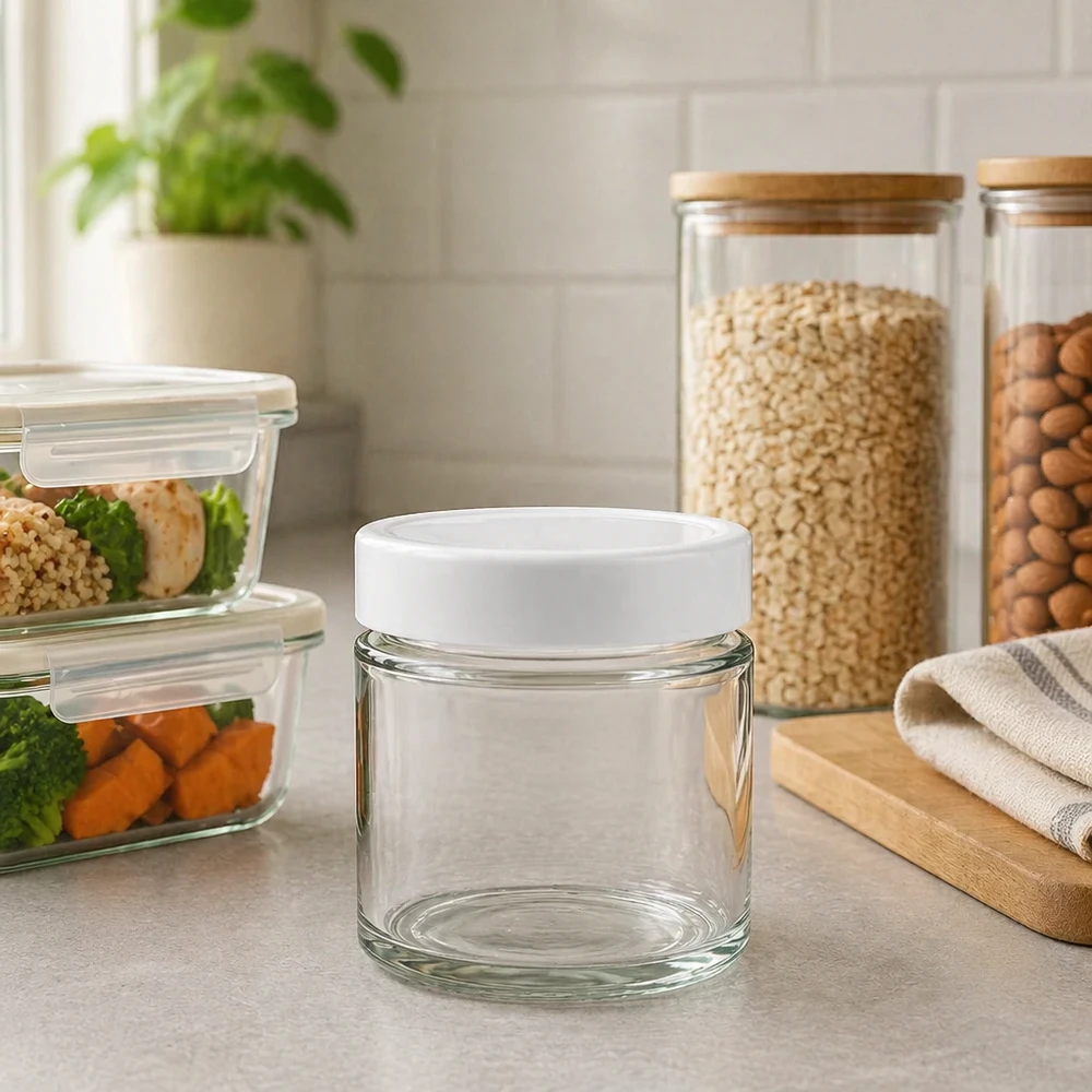 135ml Rundglas BasicSeal Deckel weiß in Küche Umgebung Meal Prep Container Vorratsdosen Küchenorganisation