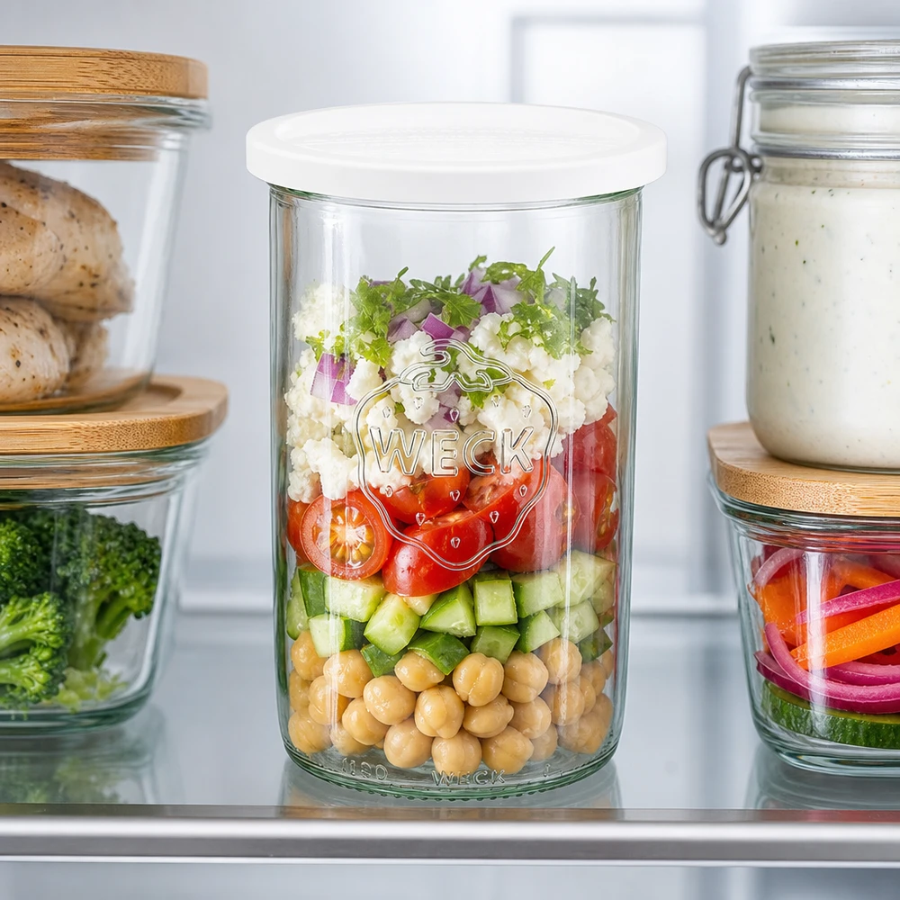 WECK Sturzglas 1000ml RR100 mit Schichtsalat aus Kichererbsen, Gurken und Tomaten zeigt Meal Prep Funktion im Kühlschran