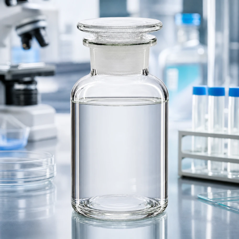 Láhev s kulatým ramenem 250ml čirá skleněná zátka se širokým hrdlem Pharmazeutische Glasflasche 250ml mit Weithalsstopfen und klarem Inhalt im Laborumfeld