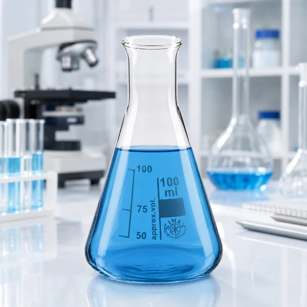 Erlenmeyerova baňka 100 ml s úzkým hrdlem Erlenmeyerkolben 100ml Enghals gefüllt mit azurblauer Lösung für chemische Versuche