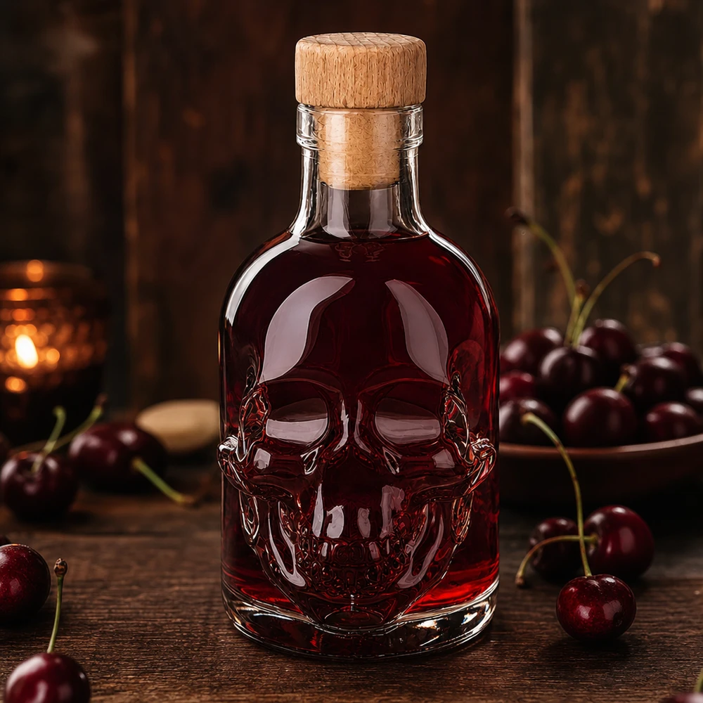200ml Totenkopf-Glasflasche Jack mit roter Kirschflüssigkeit und Holzkorken, umgeben von frischen Kirschen