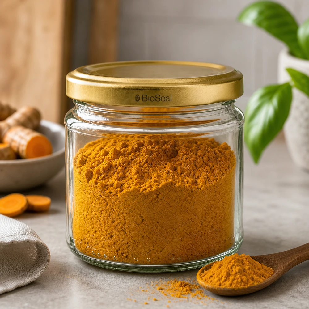 Kulatá sklenice o objemu 212 ml se zlatým víčkem UNiTWIST BioSeal. Rundglas 212ml mit goldenem BioSeal Deckel gefüllt mit Kurkumapulver zeigt praktische Gewürzaufbewahrung
