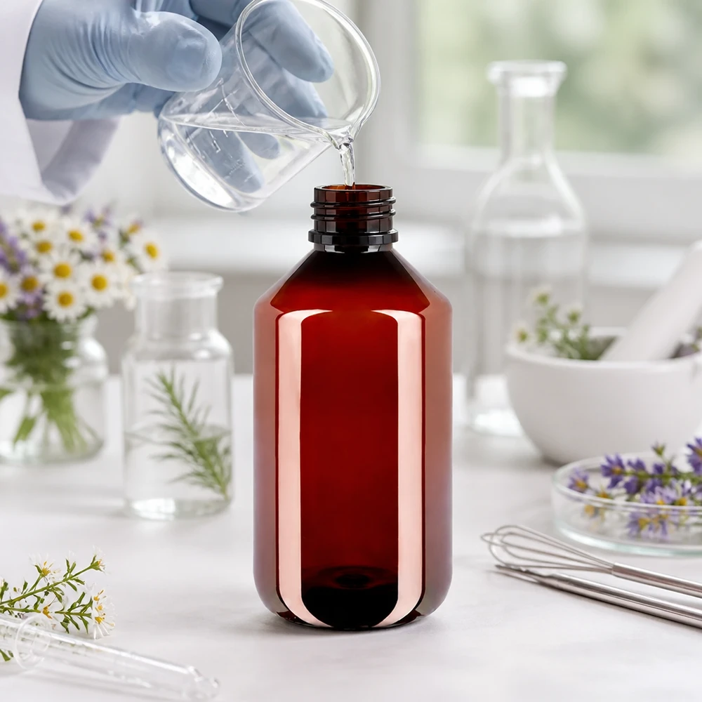 Hnědá PET láhev o objemu 500 ml s originálním obalem při plnění v moderním laboratorním prostředí