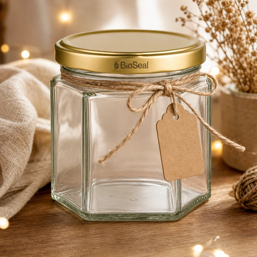 Šestihranná sklenice o objemu 47 ml se zlatým víčkem UNiTWIST BioSeal. UNiTWIST Hexa47 Glasgefäß mit goldenem BioSeal Deckel und Geschenkanhänger in gemütlicher Wohnambiente