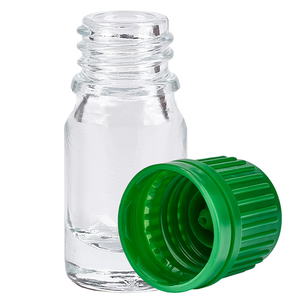 5ml láhev 11mm šroubovací uzávěr zelený tamper-evidentní uzávěr ClearLine UT18/5 5ml láhev 11mm šroubovací uzávěr zelený tamper-evidentní uzávěr ClearLine UT18/5