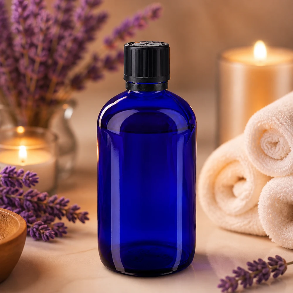 Lékárenská láhev modrá 100ml kapací uzávěr prémiový 1mm černý uzávěr odolný proti manipulaci dětmi. Apothekerflasche aus kobaltblauem Glas 100ml mit schwarzem KiSi Originalverschluss und 1mm Tropfer