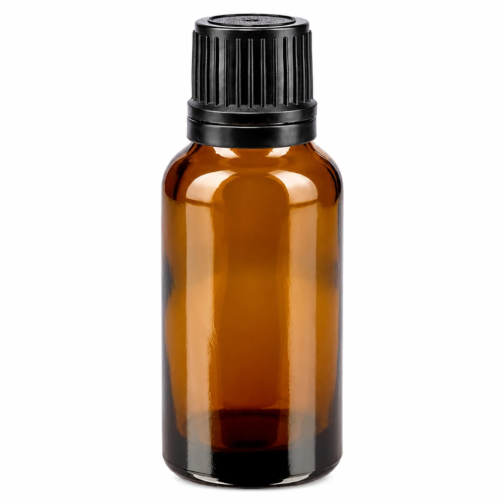 Lékárenská láhev hnědá 20ml šroubovací uzávěr černý nalévací kroužek tamper evident uzávěr Braunglasflasche 20ml UV-Schutz Glas mit OV Sicherheitsverschluss schwarz