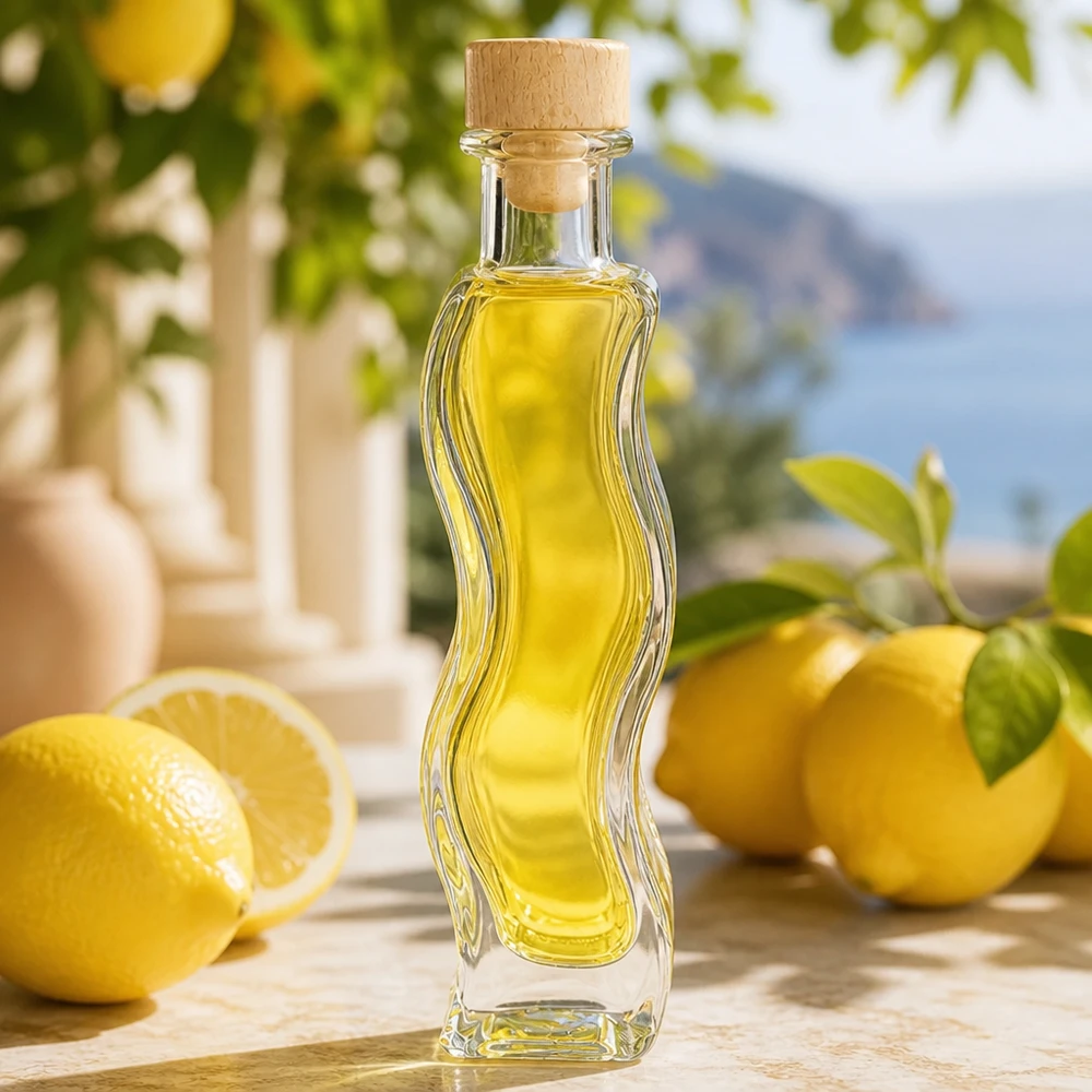 Glasflasche Melissa 100ml mit gelbem Öl befüllt neben Zitronen mediterrane Atmosphäre Korkverschluss