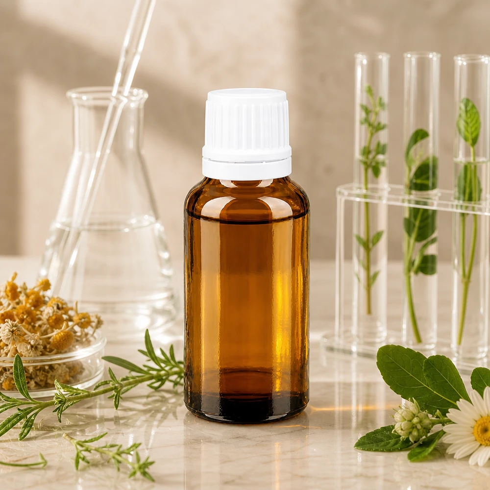 Lékárenská lahvička hnědá 20ml šroubovací uzávěr bílý uzávěr proti manipulaci. Kompakte 20ml ApoGlas Flasche braun mit sicherem Weißverschluss für Öle und Naturextrakte