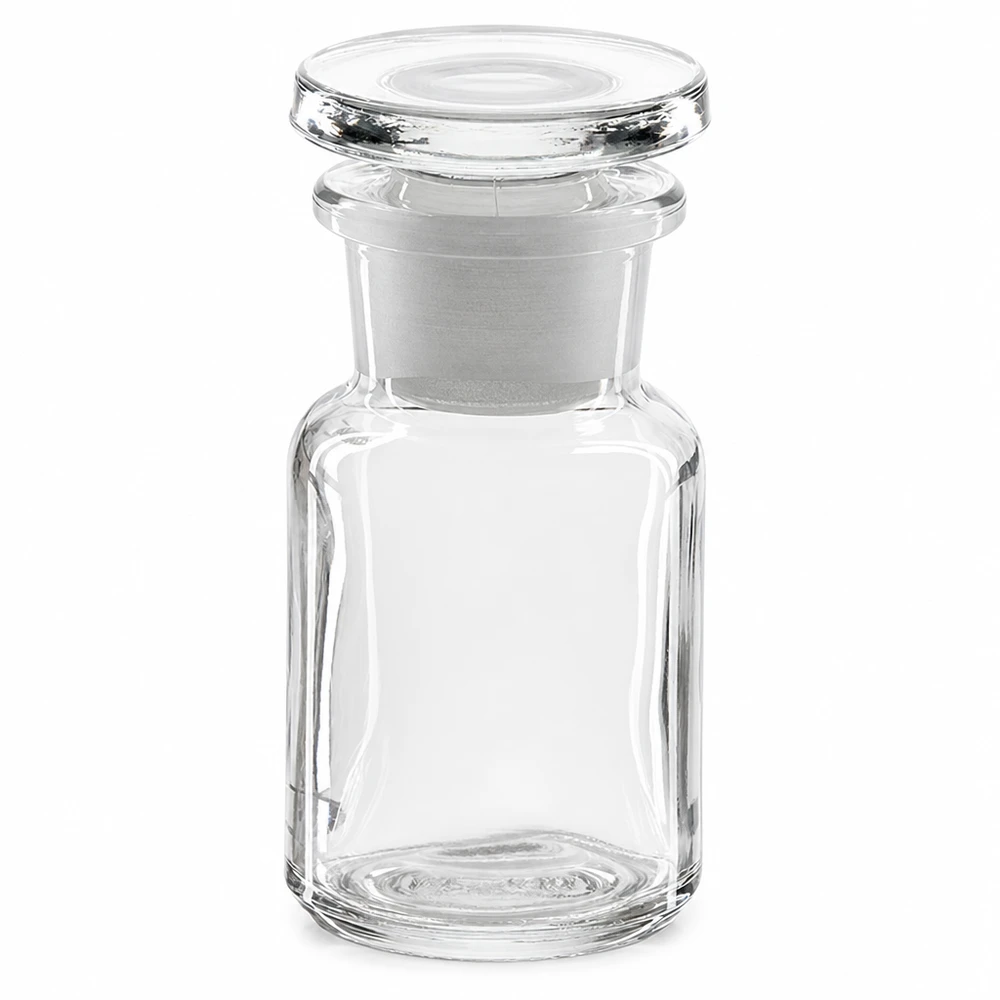 Láhev s kulatým ramenem 50ml čirá skleněná zátka se širokým hrdlem Kompakte Rundschulterflasche Klarglas 50ml Weithals mit Glasstopfen für sichere Aufbewahrung