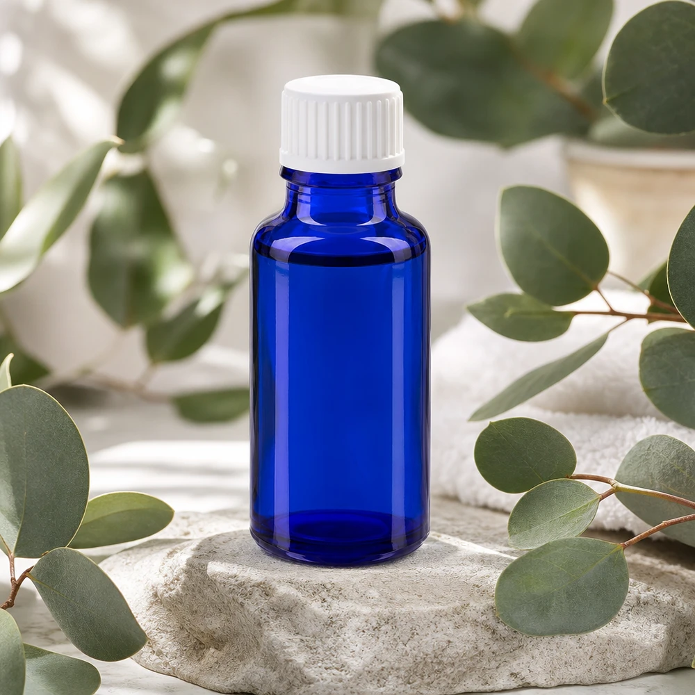 Hochwertige kobaltblaue 20ml Flasche aus Apothekenglas mit weißem Originalverschluss
