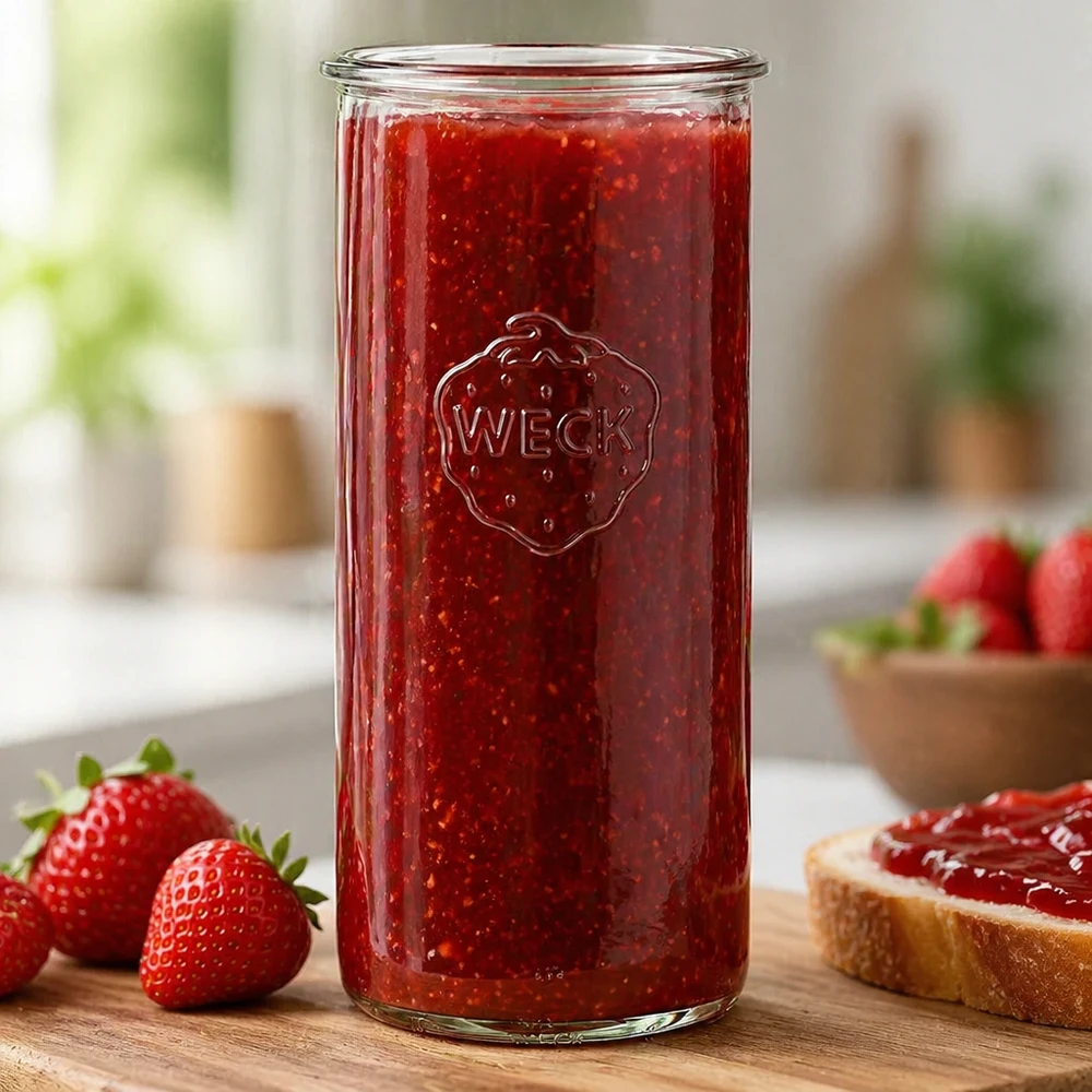 1500ml zavařovací sklenice WECK RR100 s dřevěným dřevem - 1500ml zavařovací sklenice s dřevěným dřevem 1500ml WECK Sturzglas RR100 mit roter Erdbeermarmelade gefüllt neben frischen Erdbeeren und Brot auf Holztisch