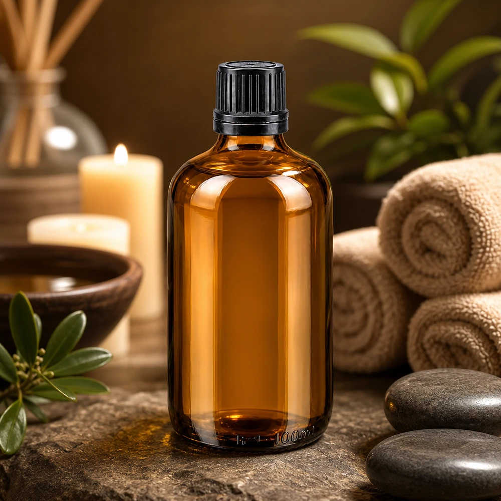 UV-schützende Bernsteinglasflasche 100ml mit schwarzem Schraubverschluss für Aromatherapie