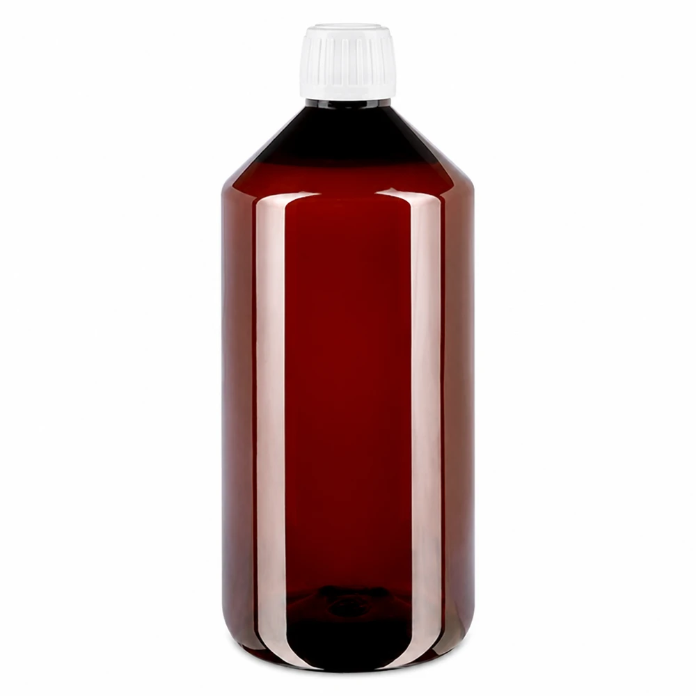 PET láhev 1000ml se standardním bílým uzávěrem s pojistkou proti manipulaci PET láhev 1000 ml, hnědá, s bílým bezpečnostním uzávěrem z průhledného plastu
