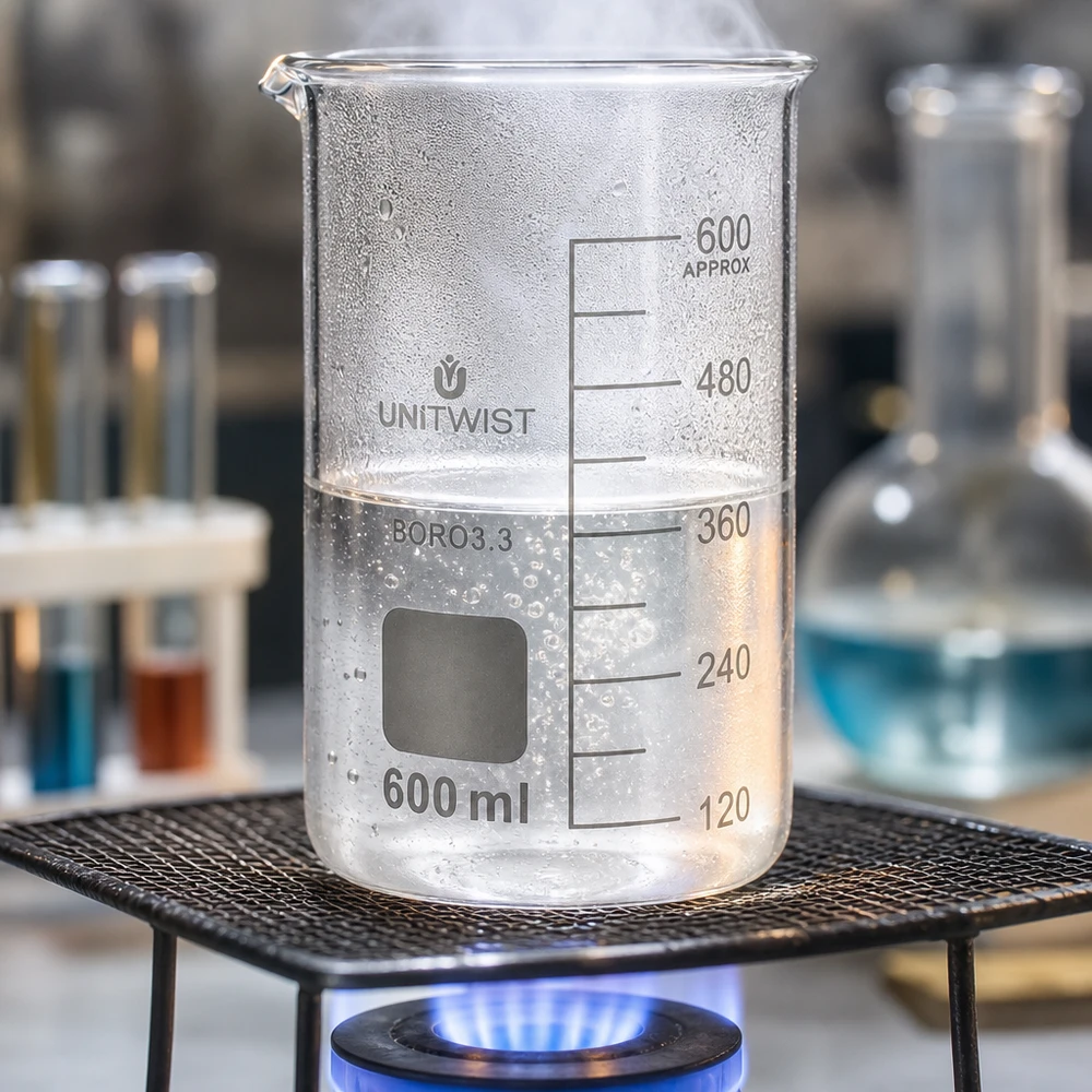 Kádinka 600 ml borosilikátová, vysoká forma UNiTWIST Erhitztes UNITWIST Becherglas 600ml Borosilikat hohe Form mit Blasenbildung und blauer Gasflamme
