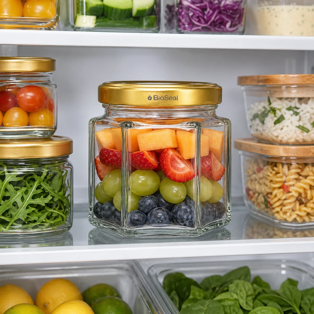 60g BioSeal Honigglas mit goldenem Deckel im Kühlschrank mit Obst gefüllt neben Gemüse und anderen Vorratsgläsern