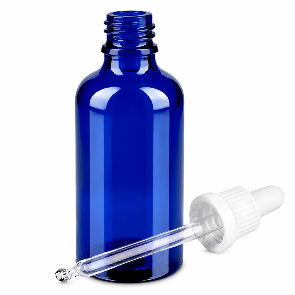 50ml pipetovací láhev bílá s uzávěrem proti neoprávněné manipulaci BlueLine UT18/50 Handliche 50ml blaue Tropfflasche mit Glaspipette OV BlueLine UT18/50 lichtgeschützt